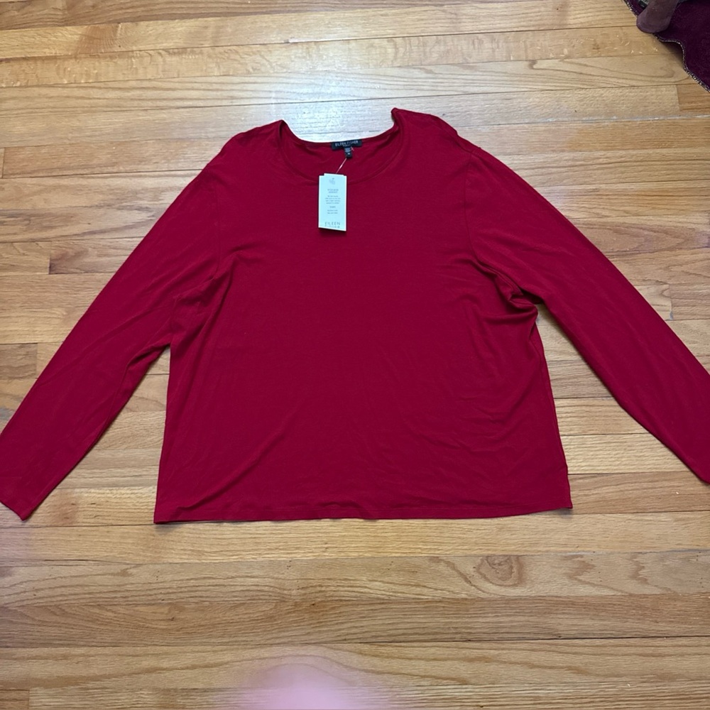 Eileen Fisher 1X Red Stretch Long Sleeve T-Shirt Rayon Lycra